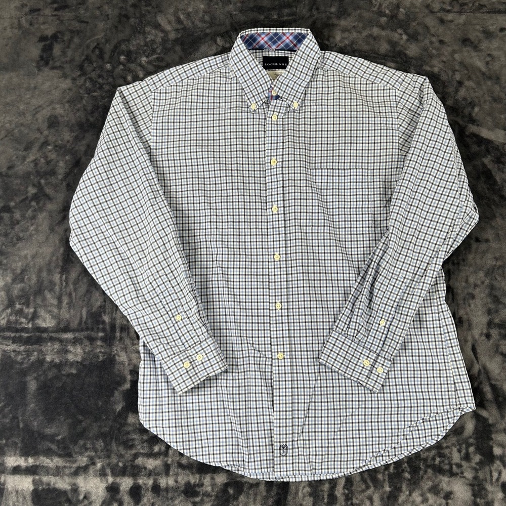Lochlane Button Down Shirt Mens Large Blue Plaid Cotton Long Sleeve Crest Logo